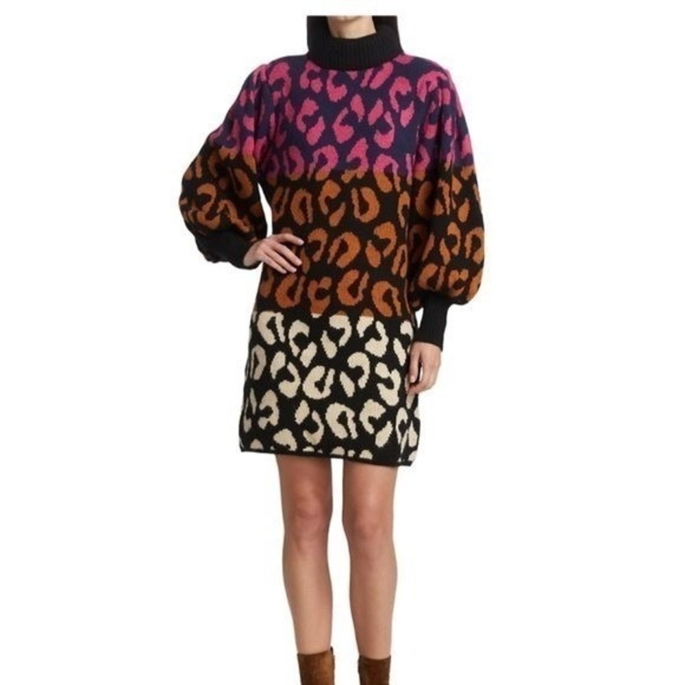 Farm Rio Mixed Leopard Long Sleeve Sweater Dress Mob Wife Boho Sz M NWT